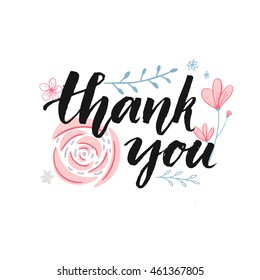 Thank you card design with brush calligraphy and hand drawn pastel pink flowers.