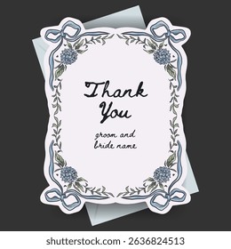Thank you card design with whimsical hydrangea flower and ribbon bow illustration. perfect for wedding, valentine, mother days, label or cover.