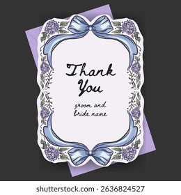 Thank you card design with whimsical hydrangea flower and ribbon bow illustration. perfect for wedding, valentine, mother days, label or cover.