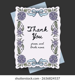 Thank you card design with whimsical hydrangea flower and ribbon bow illustration. perfect for wedding, valentine, mother days, label or cover.