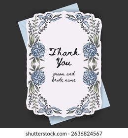 Thank you card design with whimsical hydrangea flower and ribbon bow illustration. perfect for wedding, valentine, mother days, label or cover.