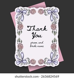 Thank you card design with whimsical hydrangea flower and ribbon bow illustration. perfect for wedding, valentine, mother days, label or cover.
