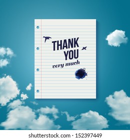 Thank you card for different occasions. Note paper with lettering on a sky background. Vector image. 