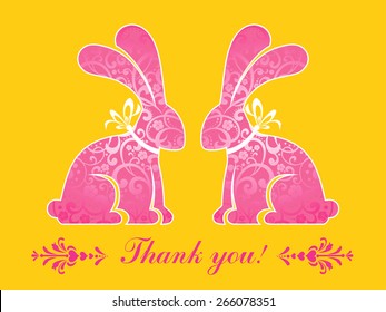 Thank You Card. Easter bunny rabbit. Vector illustration 