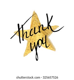 Thank you card. Elegant Ink hand lettering on star-shaped gold acrylic texture. Thanksgiving background. Vector illustration.