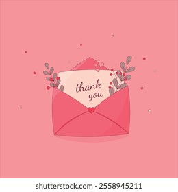 Thank you card in an elegant pink envelope with floral accents. Flat style vector illustration for greeting cards, appreciation notes, and romantic projects. Minimalistic and cute design.