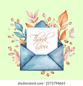 Thank you card in envelope with sweet berry branches with leaves vector illustration. Calligraphic handwritten text on white sheet of paper inside the blue envelope. Tree twigs.