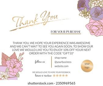 Thank you card for feminine business. Beauty salon or cosmetic products. Insert card