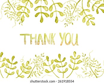 Thank you card. Floral elements background watercolor hand drawn. Spring or summer design for invitation, wedding or greeting cards. Eps10 