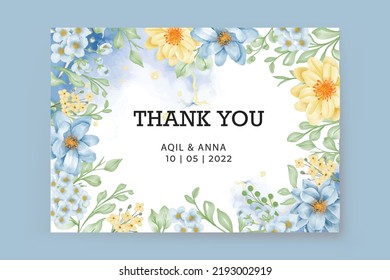 thank you card with floral frame flower blue and yellow