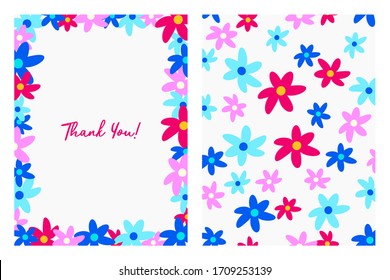 Thank You card with floral pattern. Flat style hand drawn illustrations with copy space for text. Simple cartoon design.