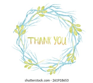 Thank you card. Floral wreath watercolor hand drawn. Spring or summer design for invitation, wedding or greeting cards. Eps10 