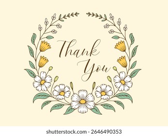 Cartão de agradecimento com coroa floral desenho à mão Ilustração Botânica