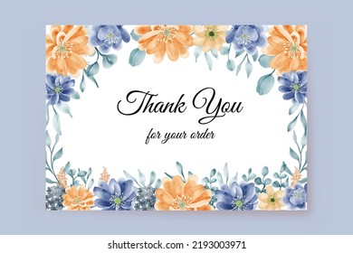 thank you card with flower blue orange frame background