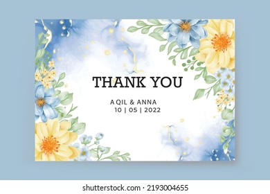 thank you card with flower frame, wedding card template watercolor flower