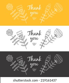 Thank you card with flowers. Vector illustration on white, yellow and black background.