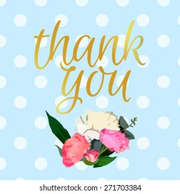 Thank You Card with Flowers. Vector Gold Type. Cute Colorful Dotted Banner.