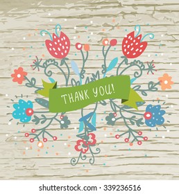 Thank you card with flowers and wood texture - vector illustration