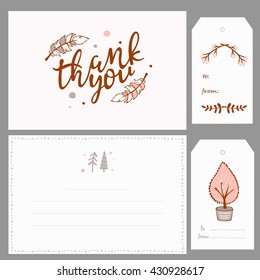 Thank You Card and Gift Tags with feathers, branch and hand lettering