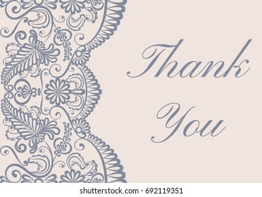 Thank you card with gray lace border on beige background