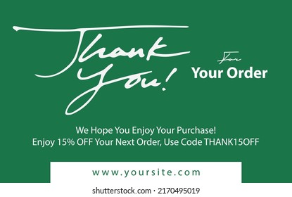 Thank you card with green calligraphy writing style, suitable for online business, selling online