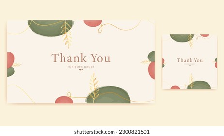 thank you card green and red watercolor abstract rounded gold leaves abstract lines design background, printable custom small business card