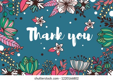 Thank you card with hand drawn flowers. Background in dark blue colors