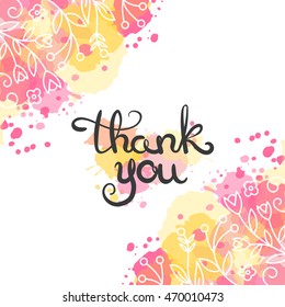 Thank you card. Hand drawn lettering design. Floral greeting card with paint splashes. Flowers in line art style. Vector illustration. Modern calligraphy.