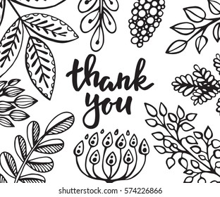 Thank you card with hand drawn with flowers, leaves and branches in sketch style. Black and white vector illurtration