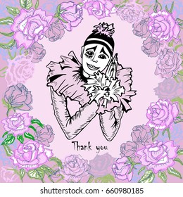 Thank you card with hand drawn pierrot on pink roses background. Pierrot isolated on background. Vector.  Invitations, world kissing day, Valentine's day, mother's day, love you card, thank you card.