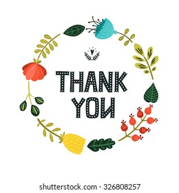 Thank you card with hand lettering and cute floral wreath on white background