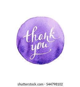 Thank you card. Hand-drawn lettering on watercolor purple stain.