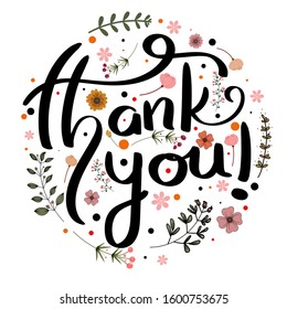 Thank You card handwritten inscription.  vector cute lettering hand drawn with flowers and leaves. Illustration Thank You letter postcard. 