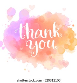 Thank you card. Handwritten white phrase on pink watercolor imitation background. Modern calligraphy style. Vector typography design 