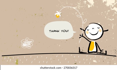 Thank you card with happy girl holding a flower, saying thank you in a speech balloon. Cartoon sketch, doodle, vector illustration. 