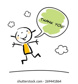 Thank you card and happy kid jumping  saying thank you in speech balloon  Cartoon sketch  doodle  vector illustration  
