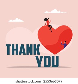 Thank You Card with Heart Illustration and People Interacting 2d flat vector illustrations