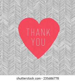 "Thank You" Card with Heart Symbol on  Hand Drawn Pattern
