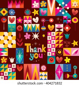 thank you card with hearts, stars and flowers retro abstract art