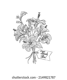 Thank You card with Hibiscus flowers bouquet. Vector linear illustration 