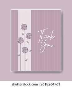 Thank you card illustration. Cute lavender greeting card with hand drawn roses. Can be used for mother's day, birthday, valentine's day, rose day.