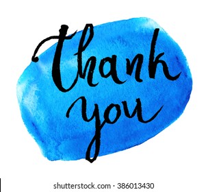Thank you card, ink hand lettering. Abstract watercolor shape.