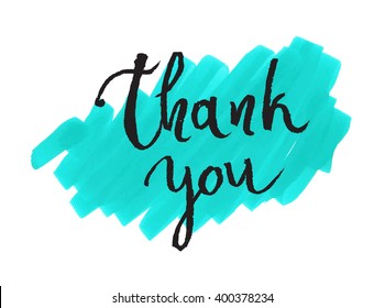 Thank you card, ink hand lettering. Abstract marker shape.