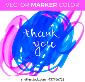 Thank you card, ink hand lettering. Abstract marker shape.