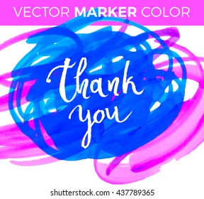 Thank you card, ink hand lettering. Abstract marker shape.