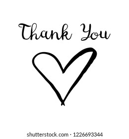 Thank you card. Ink illustration. Black text and heart Isolated on white background. Vector illustration.
