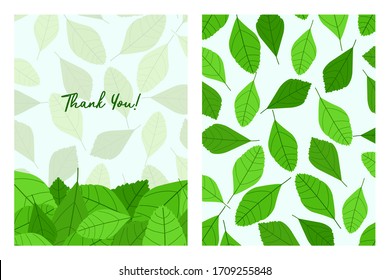 Thank You card with leaves pattern. Flat style hand drawn illustrations with copy space for text. Simple cartoon design.
