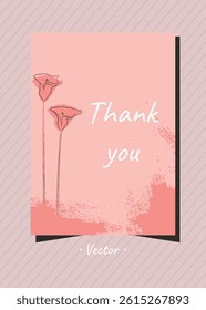 Thank you card with lily floral and brush stroke hand drawn pattern aesthetic vertical design.