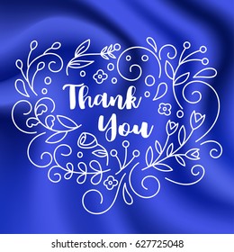 Thank You Card with Line art floral decoration on blue silk texture background. Vector illustration