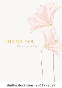 thank you card with luxury pink flower, gold and pink glitter design, suitable for greeting card, wallpaper, background design, wedding, invitation